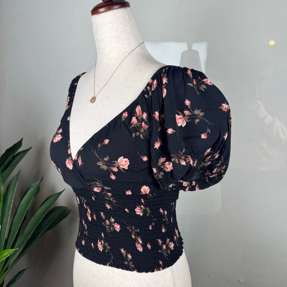 Whimsigoth Girly Grunge Black Floral Puff Sleeve Reformation Alta Top Size XS - Picture 3 of 6